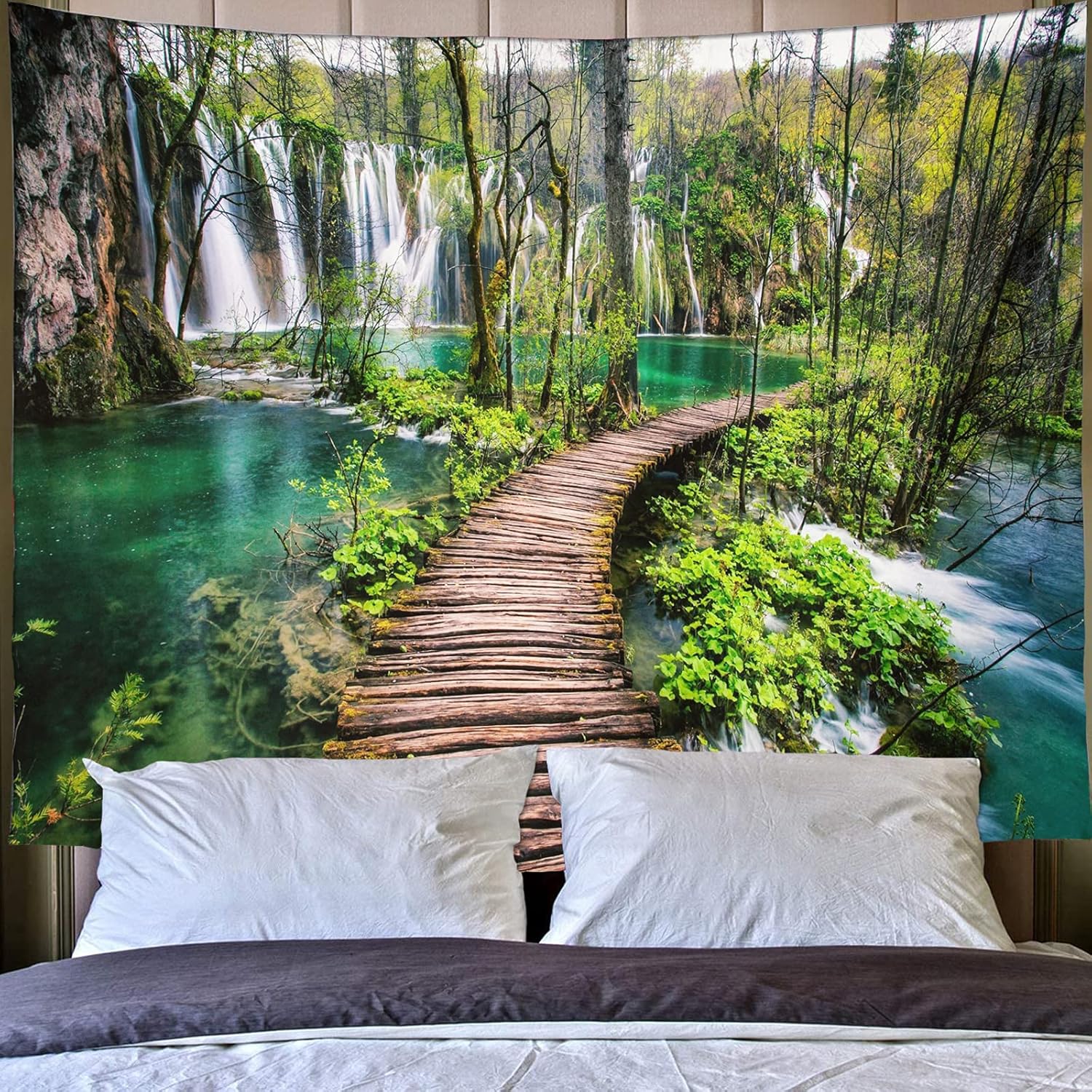 Tapestries - Showutheworld Green Nature Tapestry Rainforest Waterfall Landscape Tapestry River Wooden Bridge Scene Wall Hanging Tapestry for Bedroom 51x59 Inches
