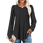 XIEERDUO Blouses for Women Dressy Casual Crew Neck Eyelet Tops Long Sleeve Shirts Puff Sleeve Tunics with Curved Hem