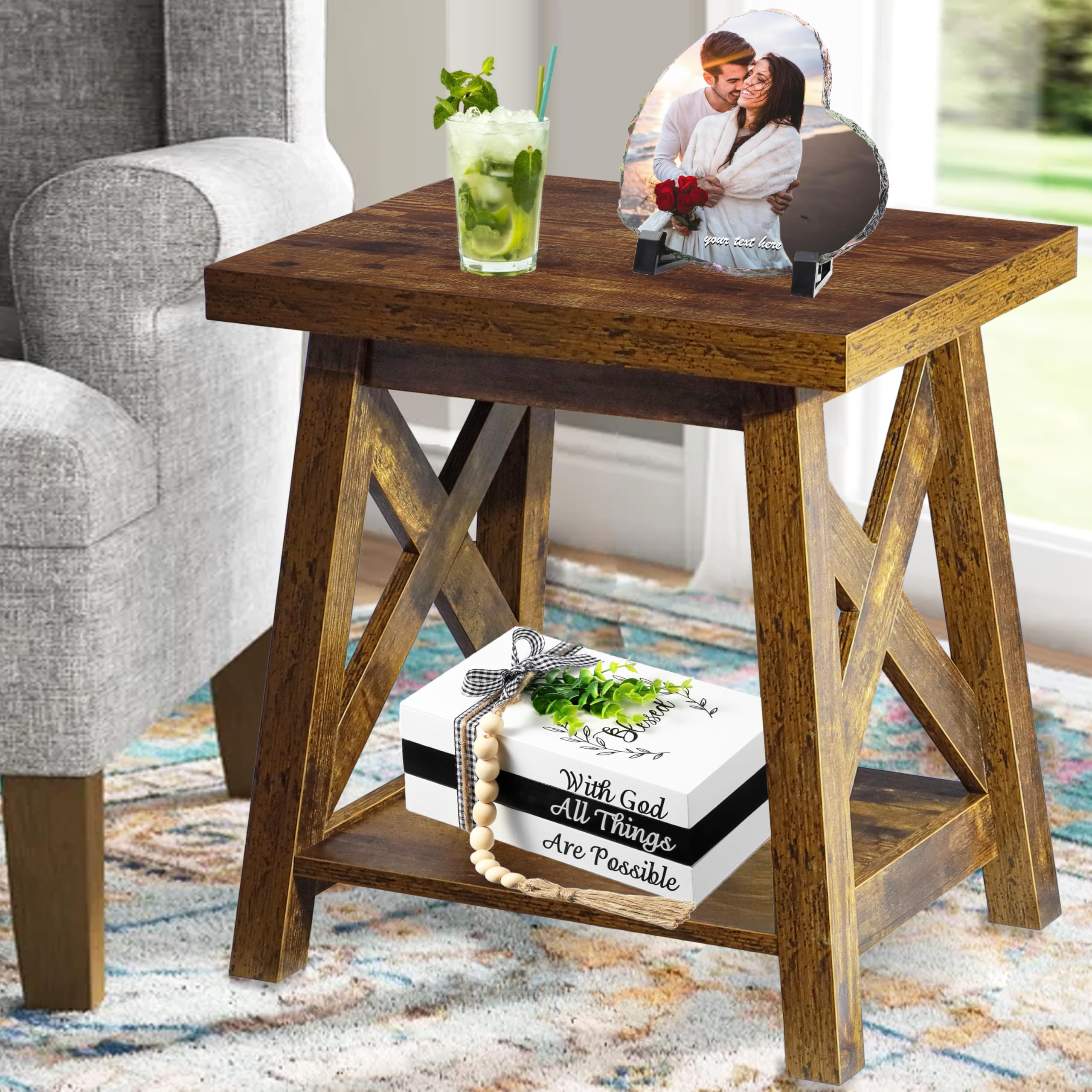 FANTERSI Rustic End Table, Farmhouse Side Table with Storage Shelf ...
