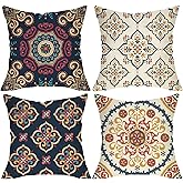 Fjfz Boho Mandala Floral Decorative Throw Pillow Covers 18 x 18 Set of 4, Vintage Moroccan Tile Flower Ethnic Porch Outdoor Home Decor, Geometric Mediterranean Sofa Couch Cushion Case