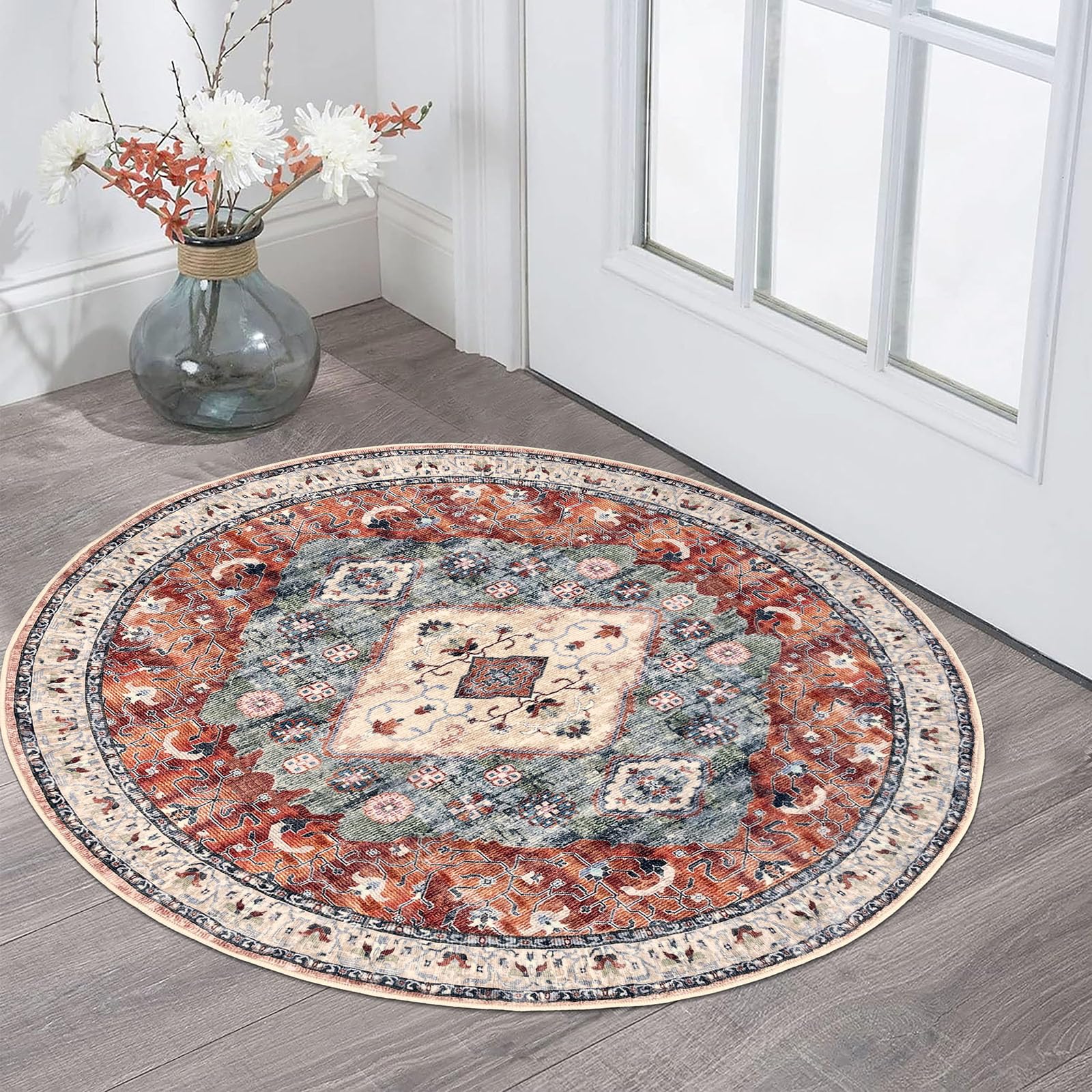 Photo 1 of KOZYFLY Boho Round Rug 3 Ft Rugs for Entryway Washable Circle Rug Non Slip Doormat Rust/Orange/Blue Printed Faux Wool Vintage Round Entryway Rug Floor Carpet Round for Entrance, Bedroom