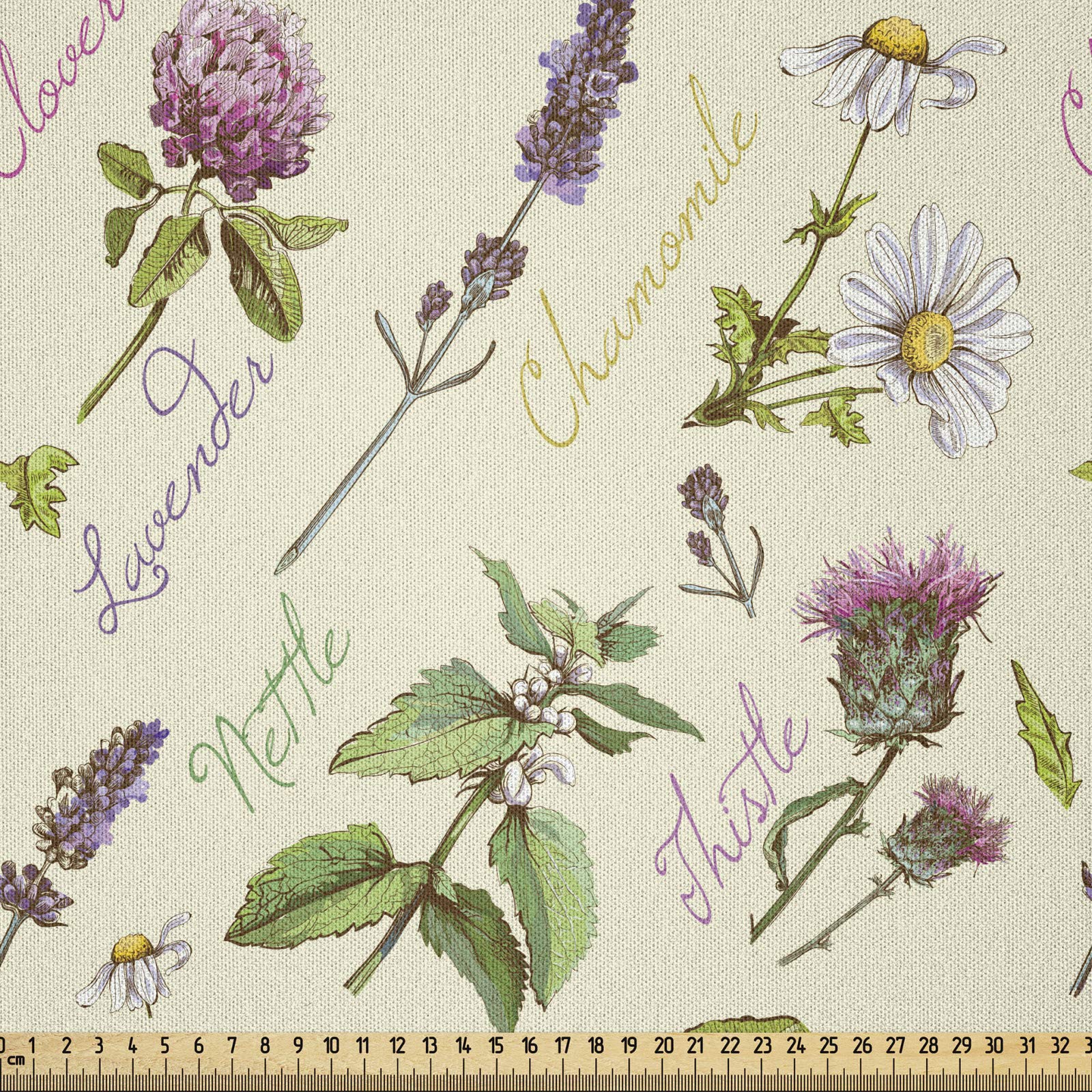 ABAKUHAUS Thistle Fabric by the Yard, Vintage Pattern with Composition of Wildflowers and Herb Such as Lavender and Daisy, Microfiber Fabric for Arts and Crafts Textiles Decor, 3M, Multicolor