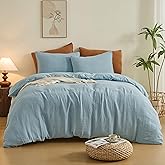 Simple&Opulence Linen Muslin Duvet Cover Set California King, 3Pcs Blue Linen Cotton 3-Layer Gauze Minimalist Comforter Cover 104”x98”, Ultra Soft Breathable Seersucker Bedding Set with 2 Pillowcases