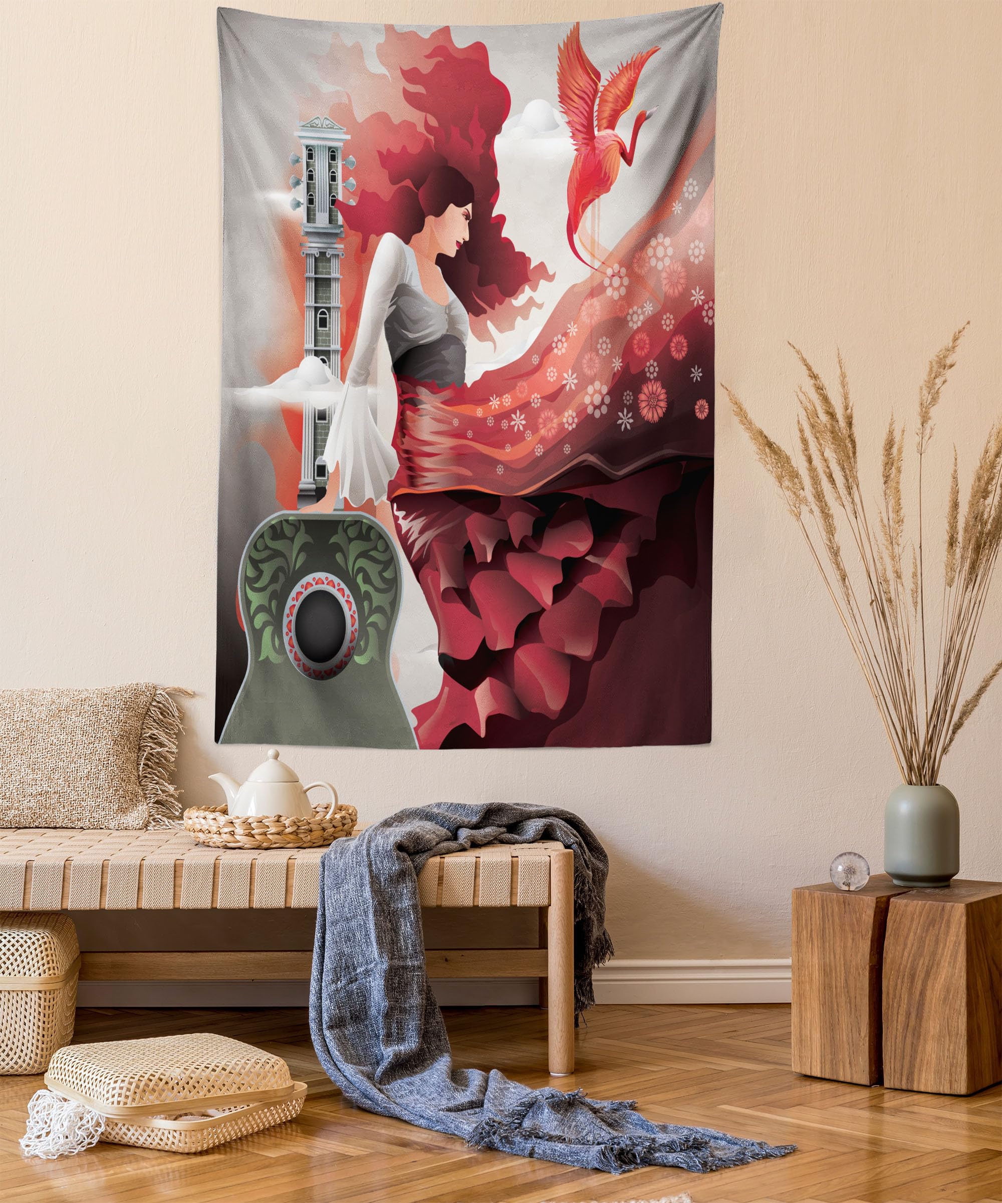 ABAKUHAUS Spanish Tapestry, Spain Culture Theme with Flamenco Dancer Lady Guitar Latin Fest European Artwork, Fabric Wall Hanging Decor for Bedroom Living Room Dorm, 43 W X 58 L, Grey Red