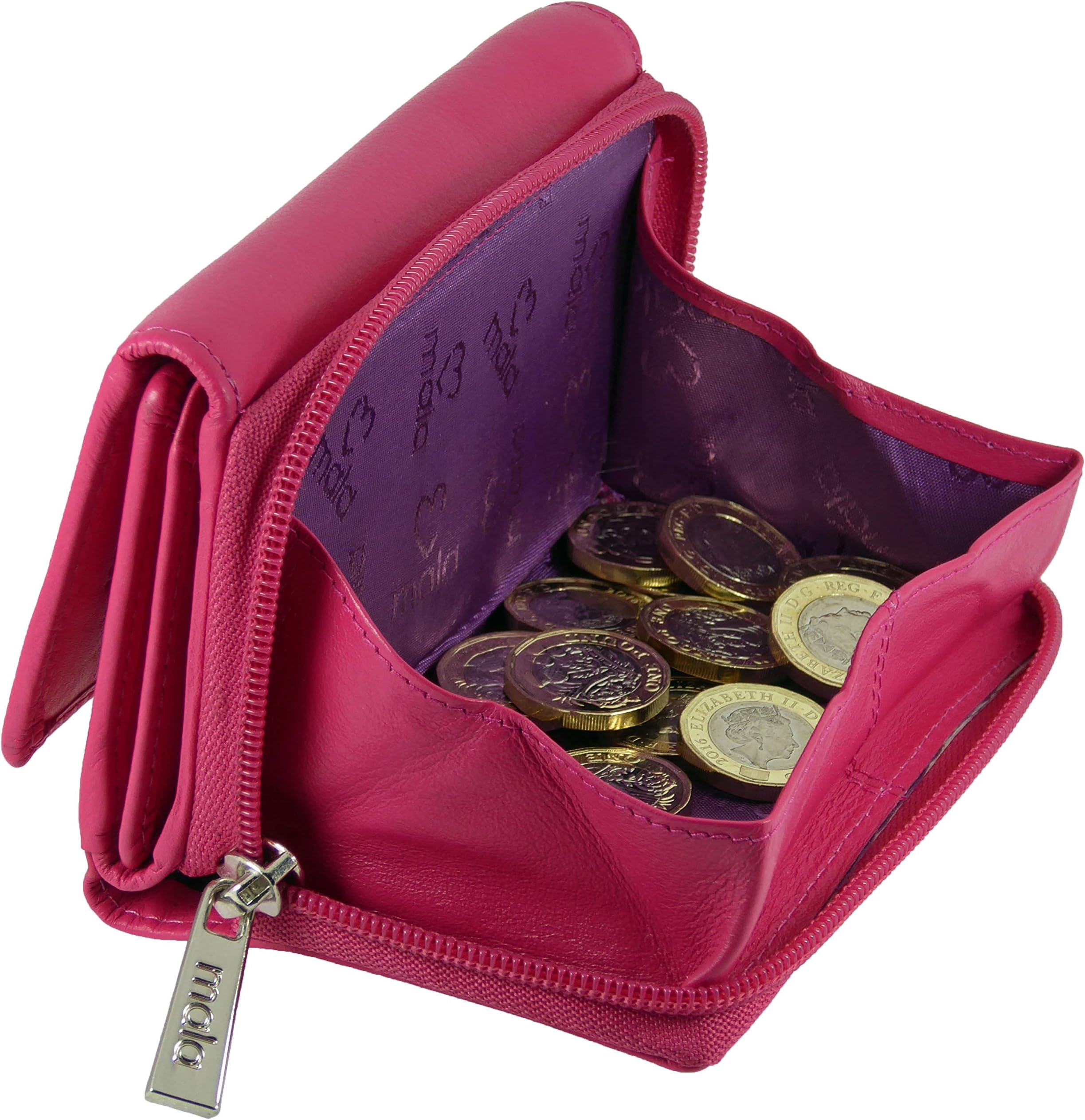 Ladies Quality Fine Leather Purse with Zip Around Coin Tray RFID (Pink)