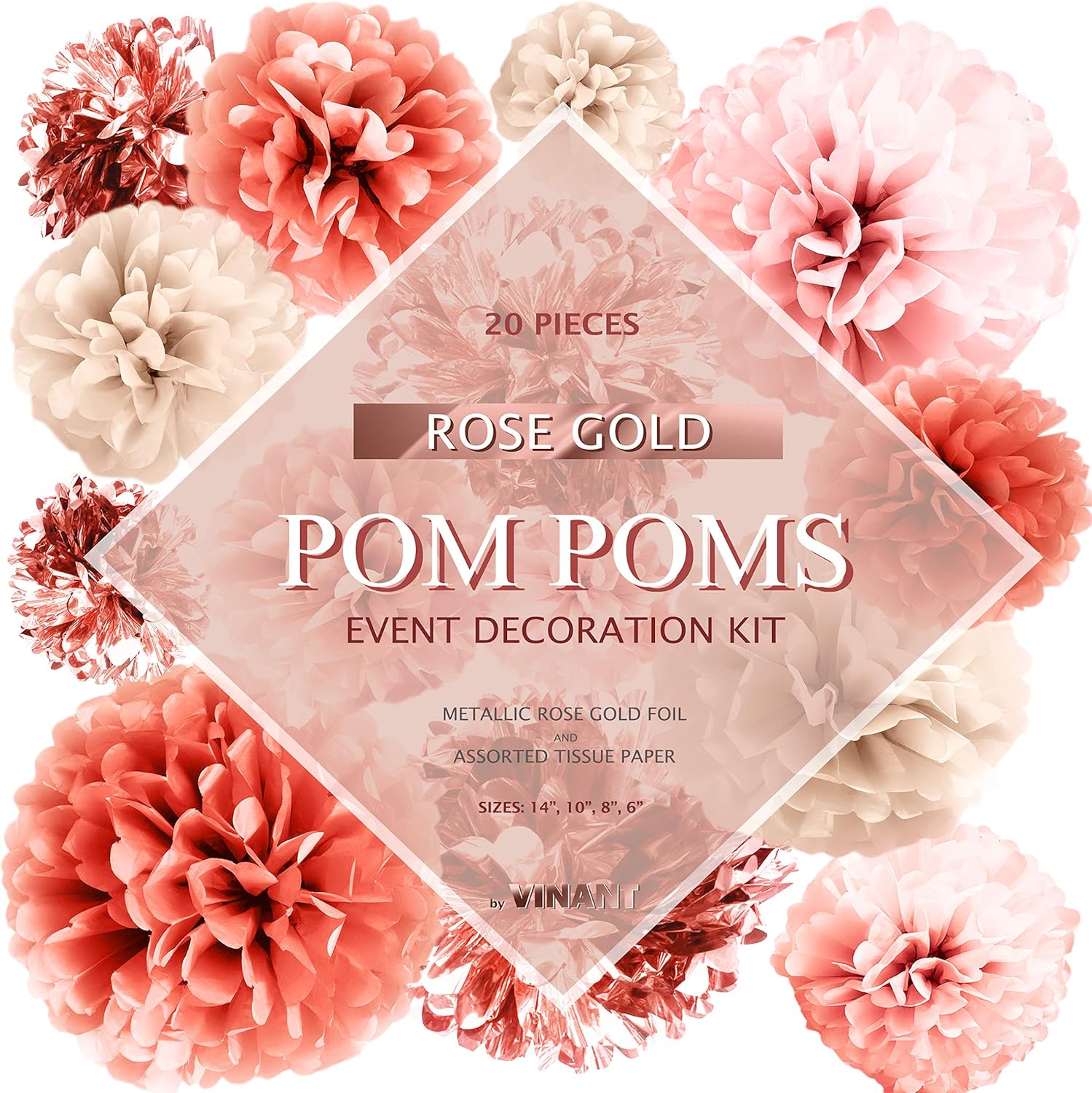 VINANT 20 PCS Rose Gold Party Decorations - Metallic Foil and Tissue Paper Pom Poms - Birthday Party Decoration - Baby Shower - Bridal Shower - Bachelorette - Garden Party - 14", 10", 8", 6": Arts, Crafts & Sewing