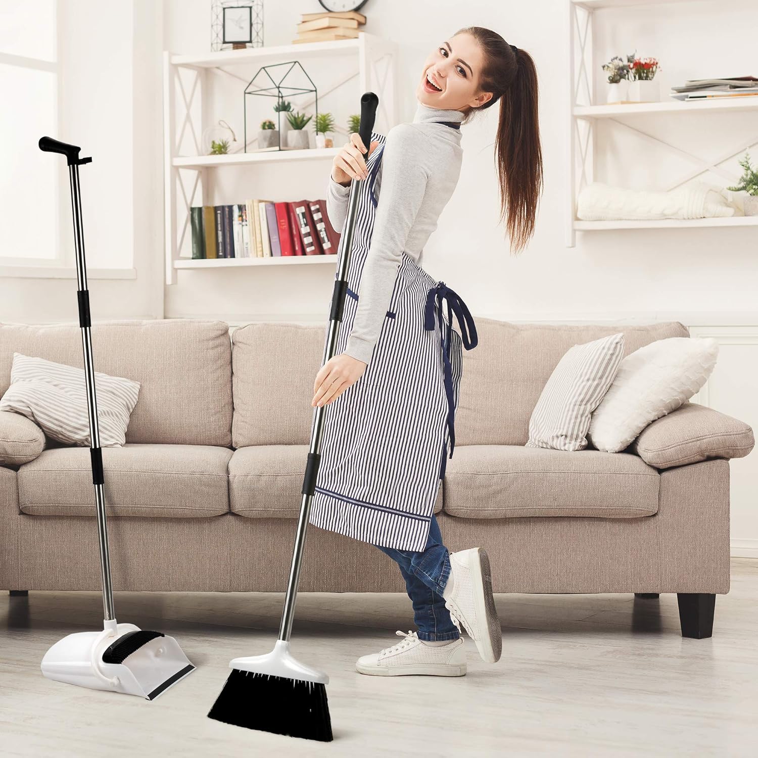 Broom and Dustpan Set - Premium Long Handled Broom Dustpan Combo - Upright Standing Lobby Broom and Dust Pan Brush w/ Handle - Great Edge, Lightweight and Robust: Garden & Outdoor
