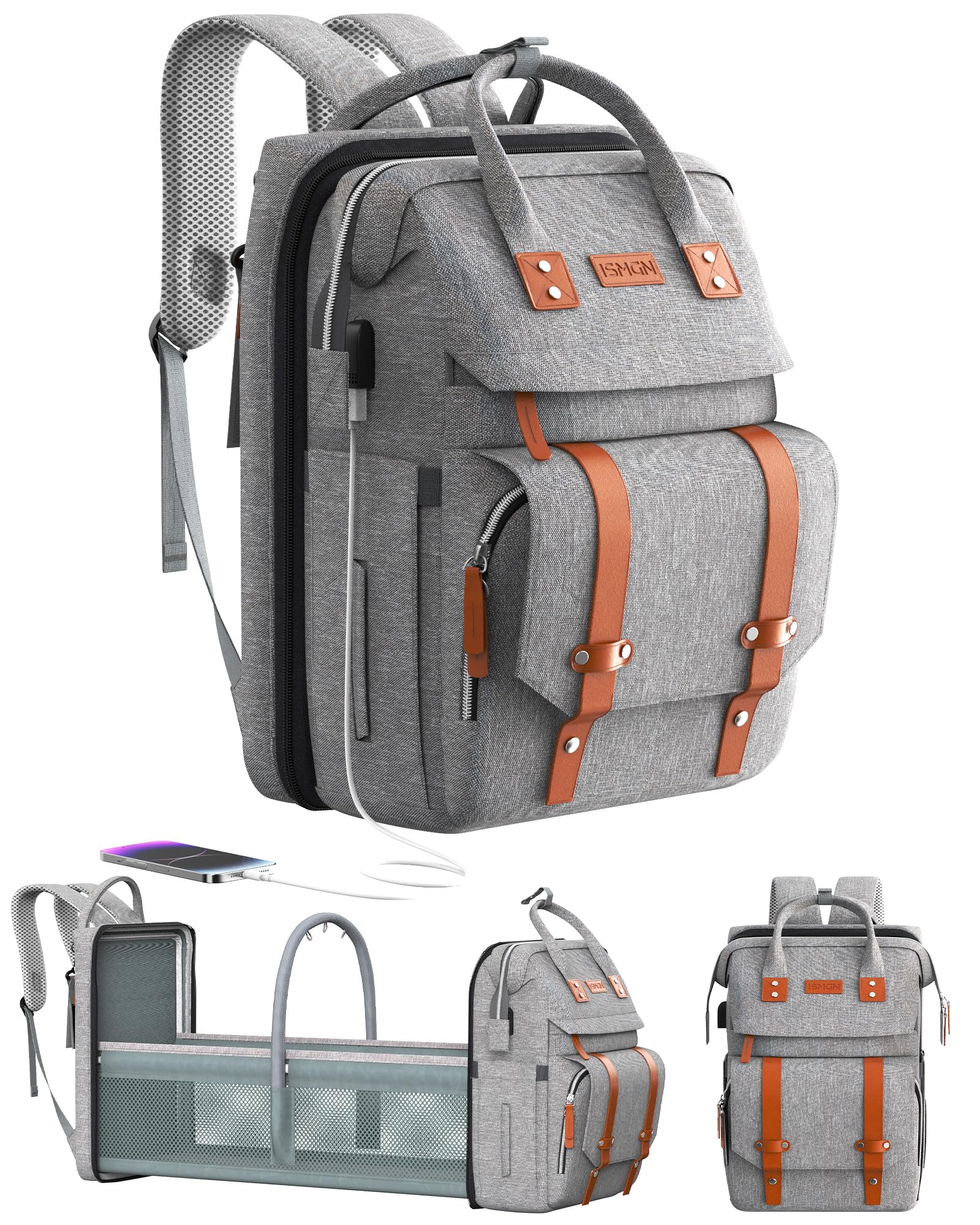 Photo 1 of ISMGN Diaper Bag Backpack with Changing Station, Large Diaper Bag, Baby Bag, Multifunctional Diaper Bag, Gray