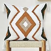 Cythasily Boho Throw Pillow Covers 18x18 Inch Green Brown Tufted Square Pillow Case with Tassels, Bohemian Farmhouse Decorative Cushion Cover for Couch Bed Sofa Chair Bedroom Living Room Home Decor,W