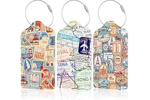 EOBKLAX 3 Pack Travel Stamp Luggage Tags for Suitcases,Travel Retro Labels Leather Baggage Suitcases Tag Name ID Label Privacy Cover Travel Bag Tags for Women Men Boys Girls