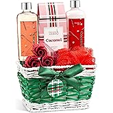 Coconut Spa Gift Basket Bath & Body Set with Shower Gel, Body Lotion, Bath Salts, Soap Flowers, Bath Sponge in a Wicker Basket (Red & Green Set) – Mother's Day Gift for Mom