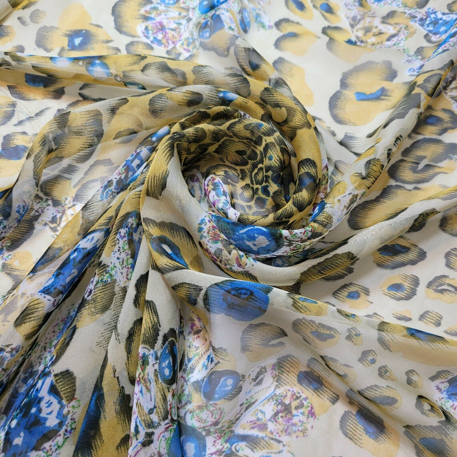Lurex Floral Soft Crinkle Chiffon Crepe Material Dress Drape Craft Fabric 58" (Pre Cut 1 Meter) (Yellow Leopard)