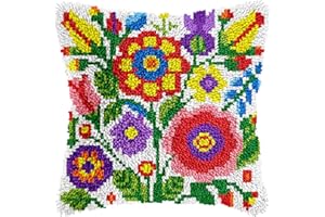 veirousa Colorful Flowers Latch Hook Kits for Adults Beginners - Latch Hook Pillow Kit Pre-Printed Mesh Latch Hook Rug Kits Craft Cushion Set for Home Sofa Decoration 17x17 in. DIY Gift for Mom