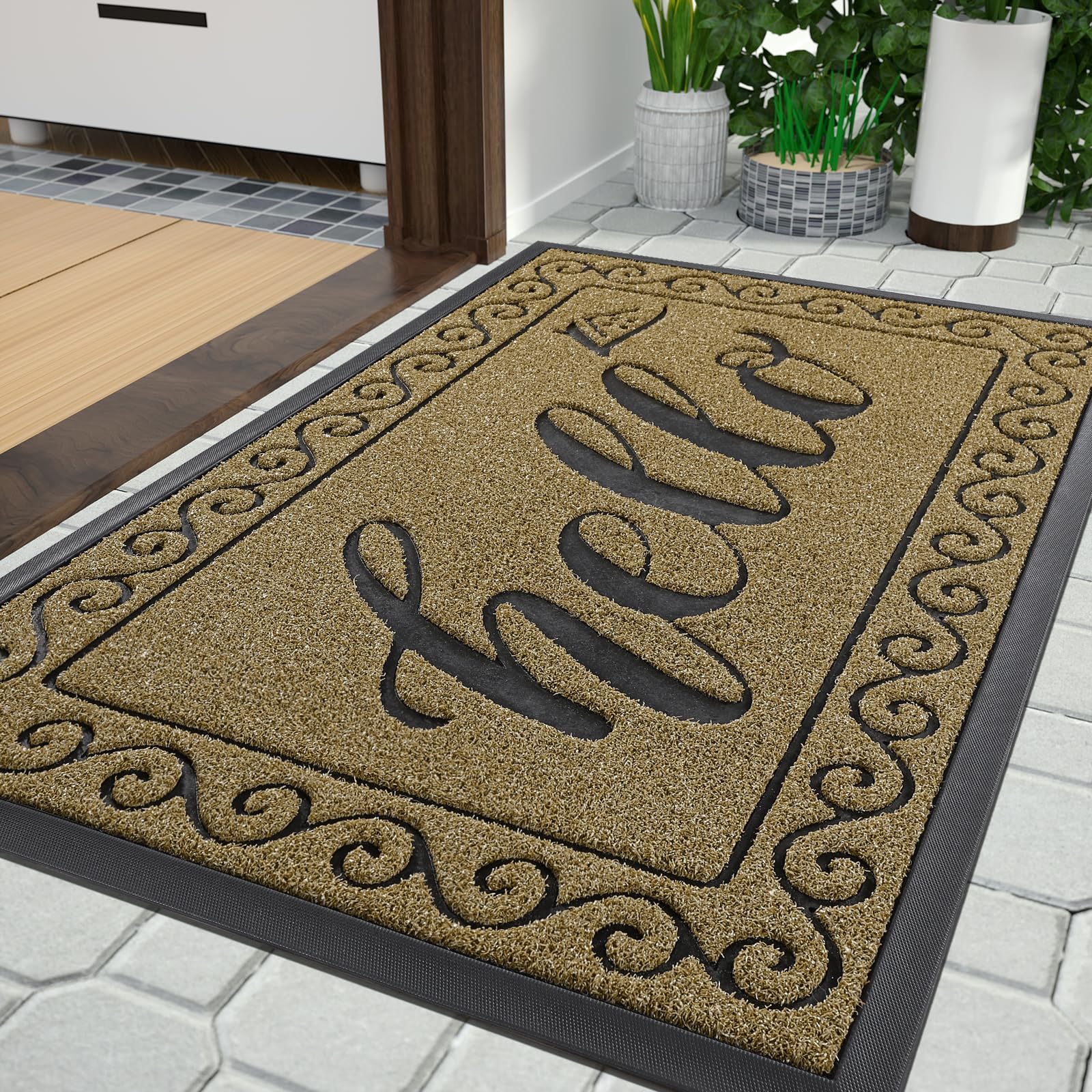 Yimobra Hello Front Door Mat, Heavy Duty Easy Clean Doormat Indoor Outdoor, Waterproof Quick Dry Floor Mat for Home, Garage, Hign Traffic Areas, Non Slip, Low Profile, 92x61 cm,Beige Brown
