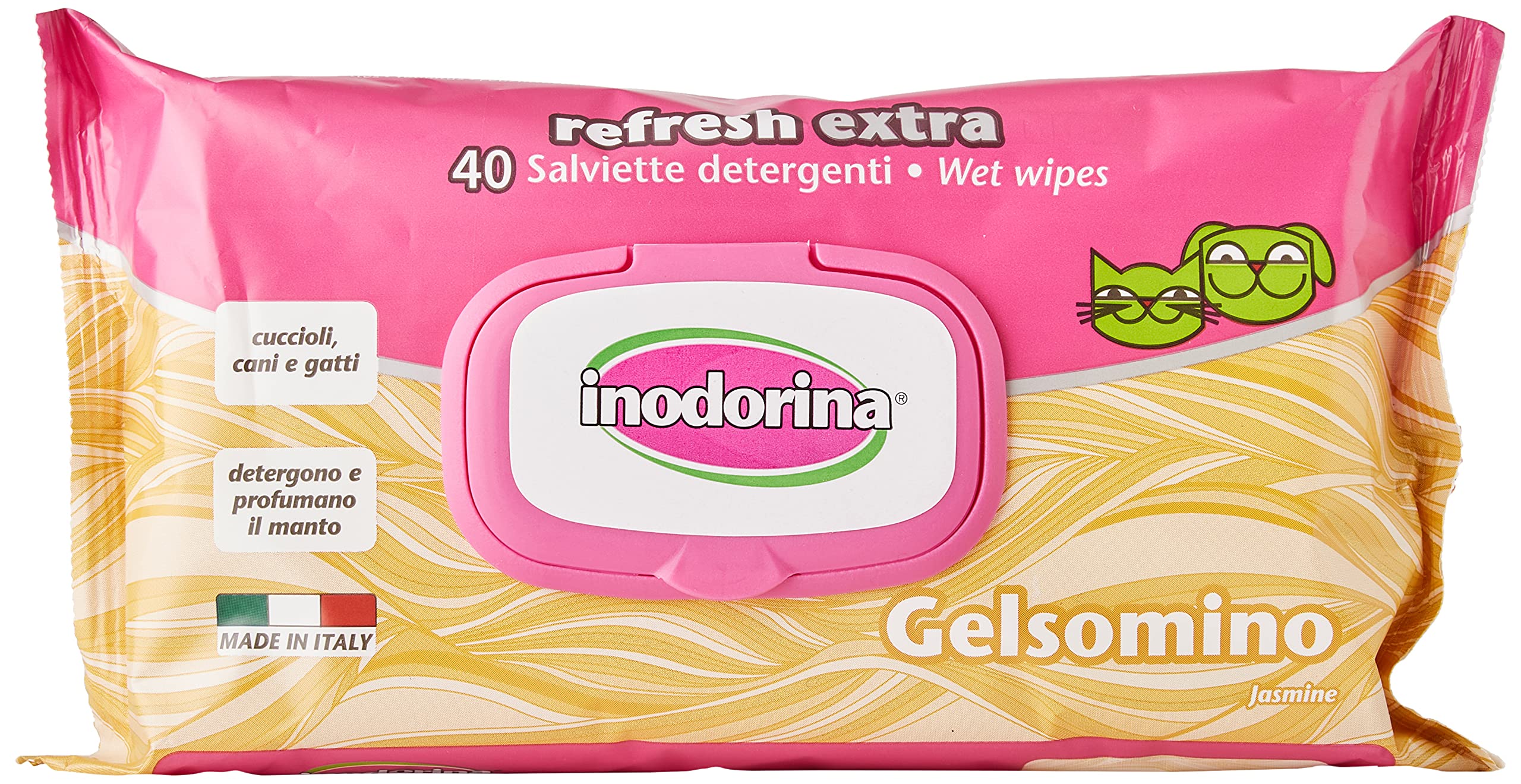 Inodorina Refresh Extra Jasmine Disinfectant Wipes for Dogs and Cats (40 Count) Hygiene Wet Wipes for Pets, Heavy Duty Alcohol-Free Fabric