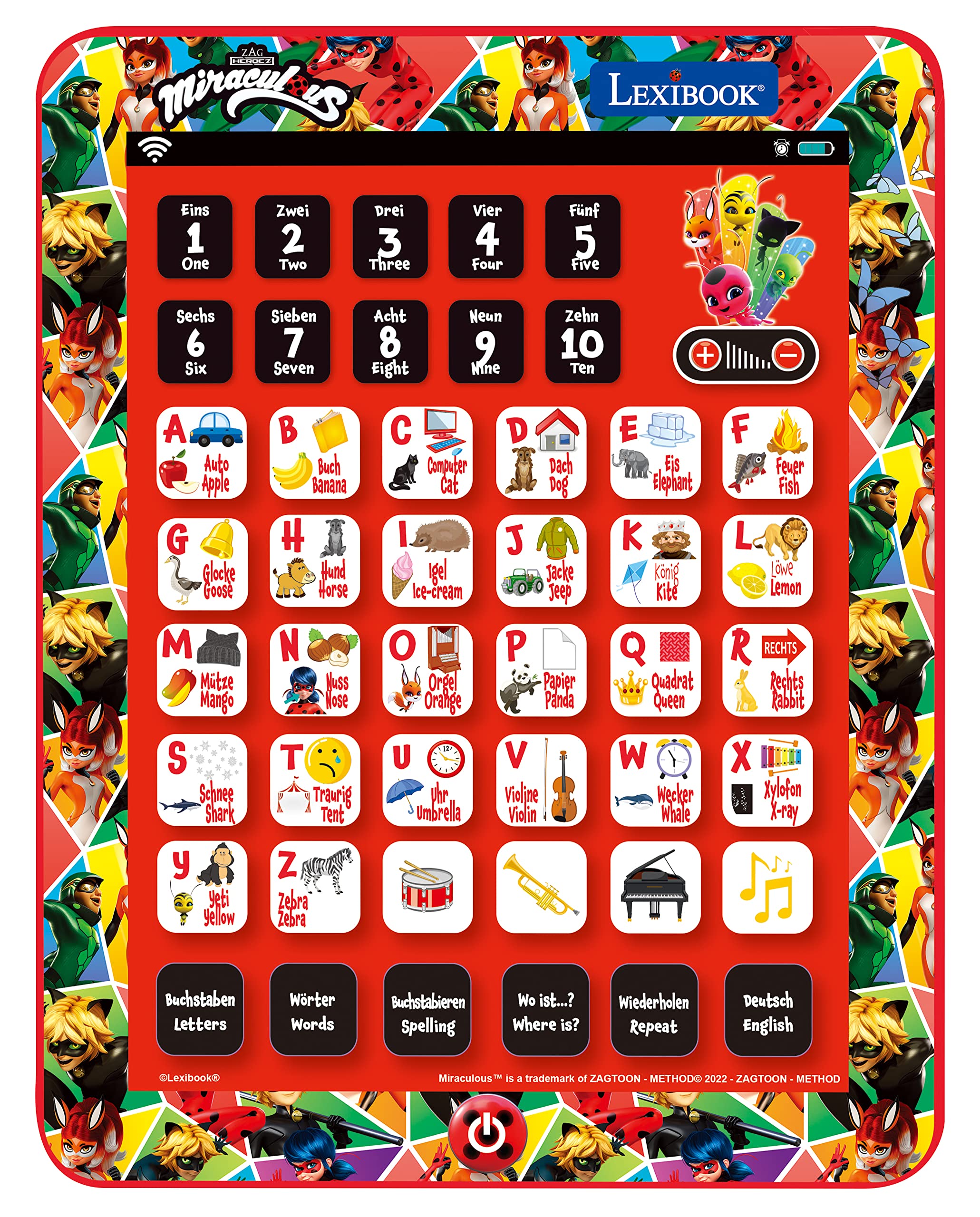 LEXIBOOK, Miraculous Ladybug Cat Noir, Educational Bilingual Interactive Tablet, Toy to Learn Alphabet Letters Numbers Words Spelling and Music, English/German, Red, JCPAD002MIi3
