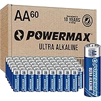 Powermax 60-Count Double AA Batteries, Ultra Long Lasting Alkaline Battery for Home and Office, 10-Year Shelf Life, Reclosabl