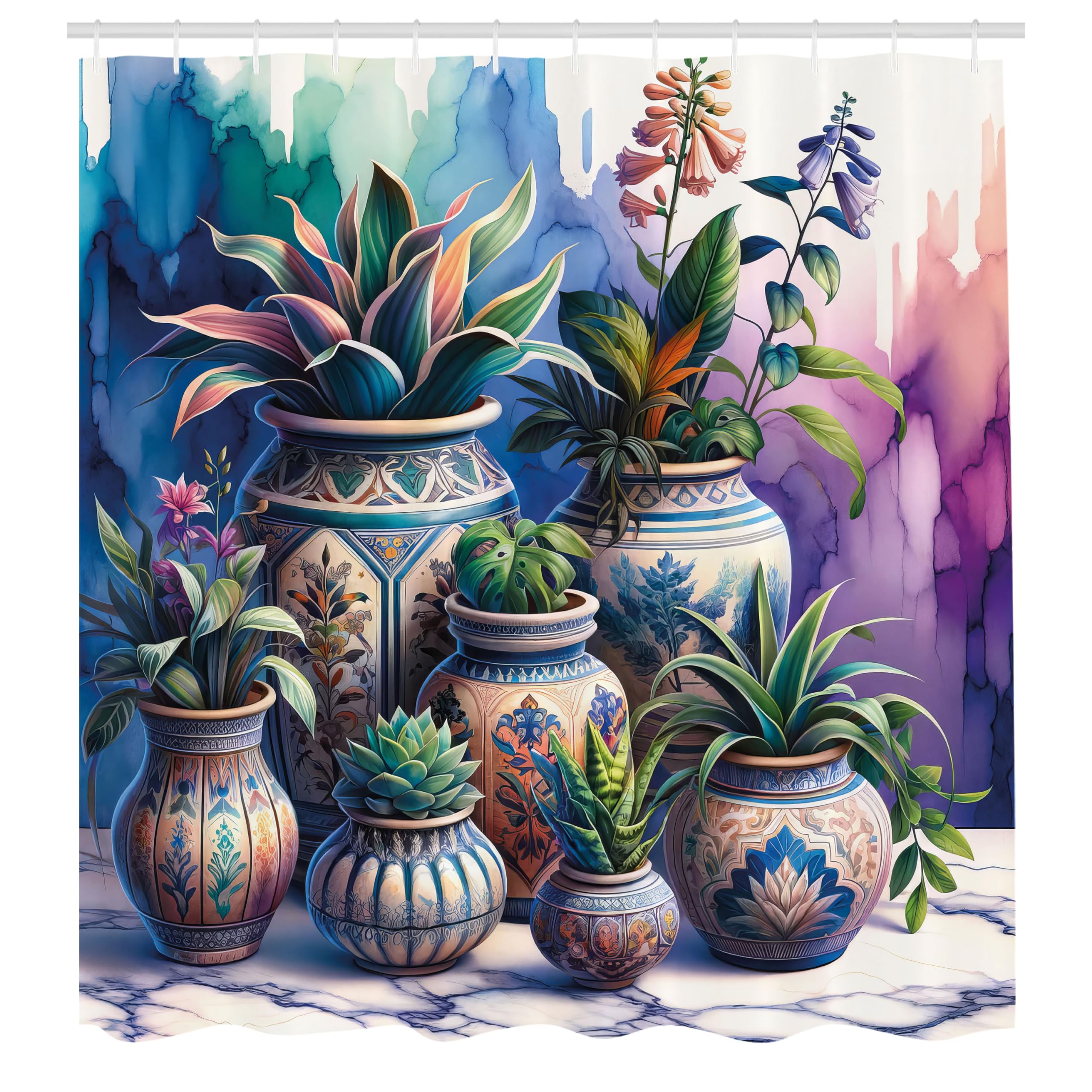 ABAKUHAUS Botanical Shower Curtain, Exotic Leaves Ethnic Pots, Cloth Fabric Bathroom Decor Set with Hooks, 175 x 200 cm, Dried Rose