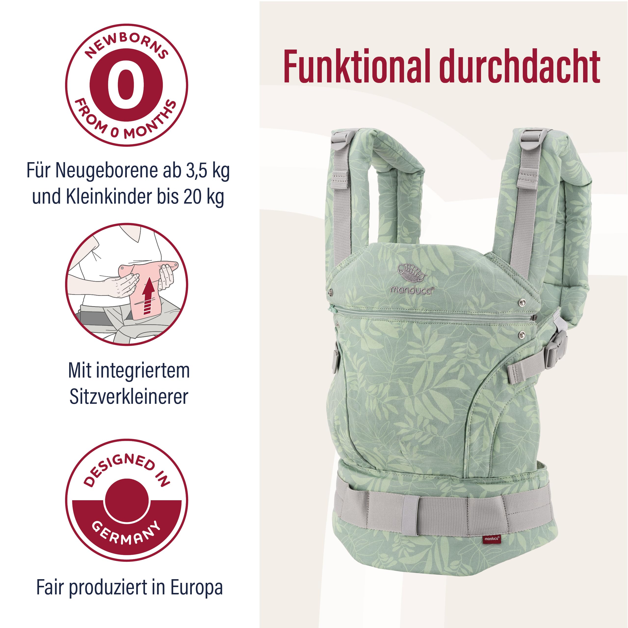 manduca First Babytrage - Verstellbarer und vielseitiger Tragesitz für Babys und Kleinkinder (3,5-20 kg) - Babytrage mit Front-, Hüft- und Rückentragefunktion ,Botanic Green 3
