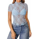 Rooscier Women's Sheer Mesh Top Short Sleeve See Through Floral Lace Slim Fit Club T Shirt