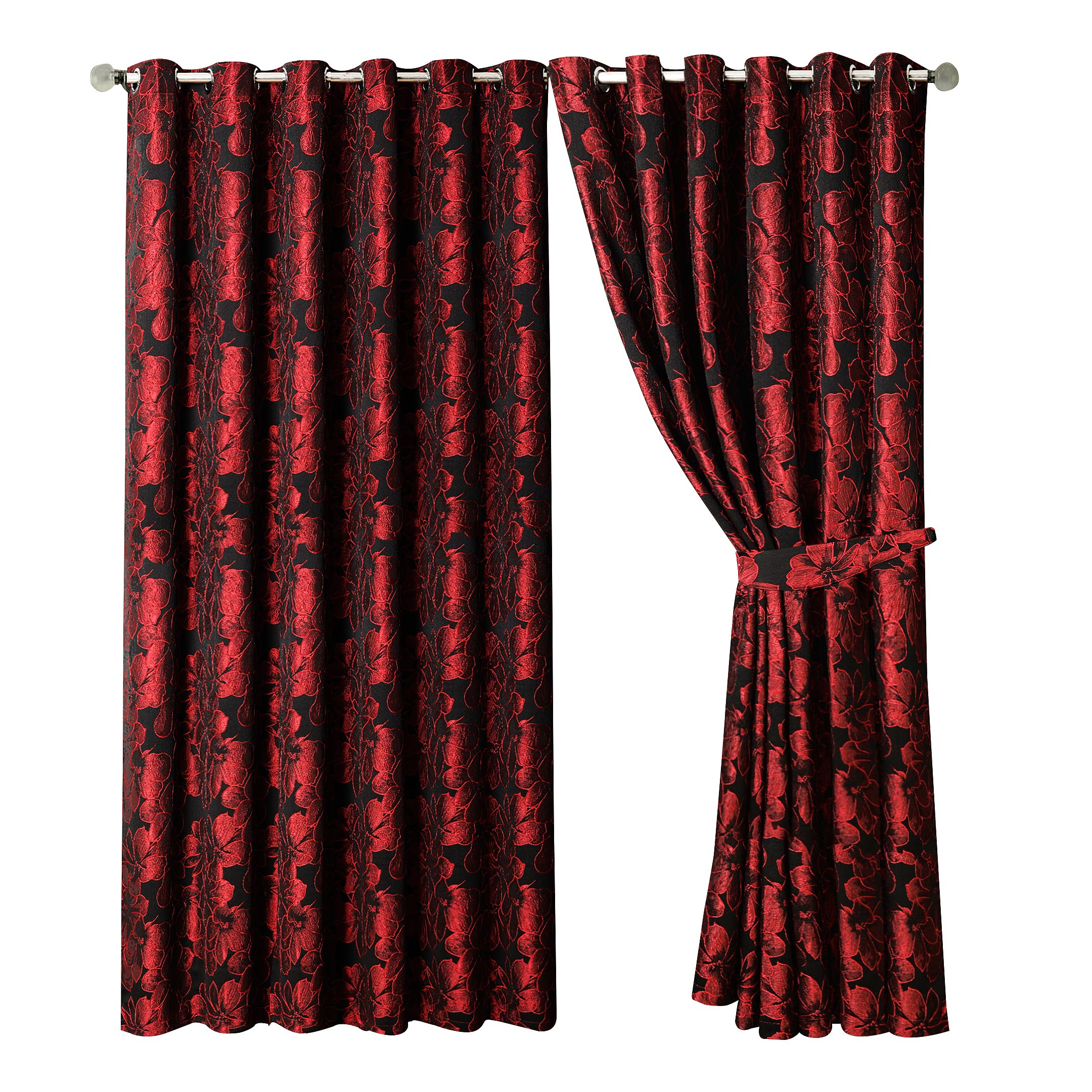 OpulentDreams Jacquard Curtains - Heavy Ring Top Window Curtains for Bedroom & Living Room - Fully Lined - Includes Two Tie Backs - Pair of Panels (Red - Eyelet, 66" x 72" (167 x 183 cm))