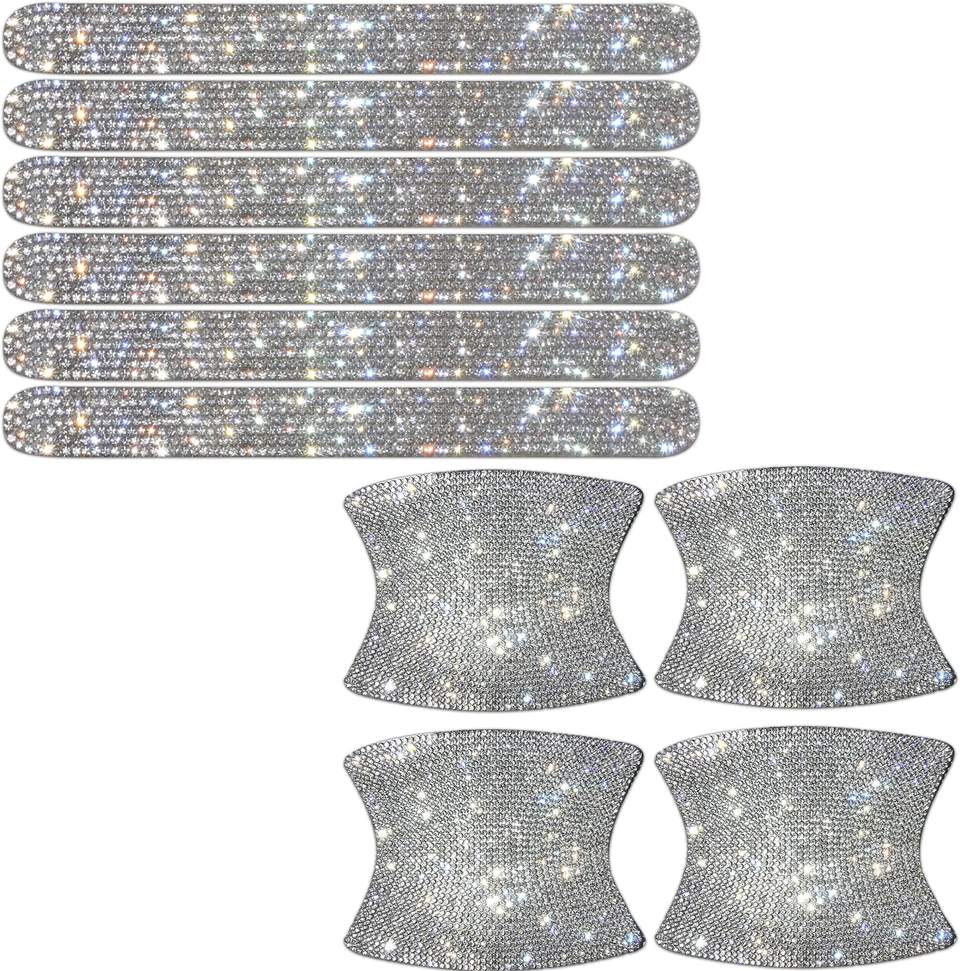 10PCS Car Rhinestone Bling Door Handle & Cups Protective Guards Reflective Trim Universal Safety Scratch Resistant Sticker Protectors,Sliver White