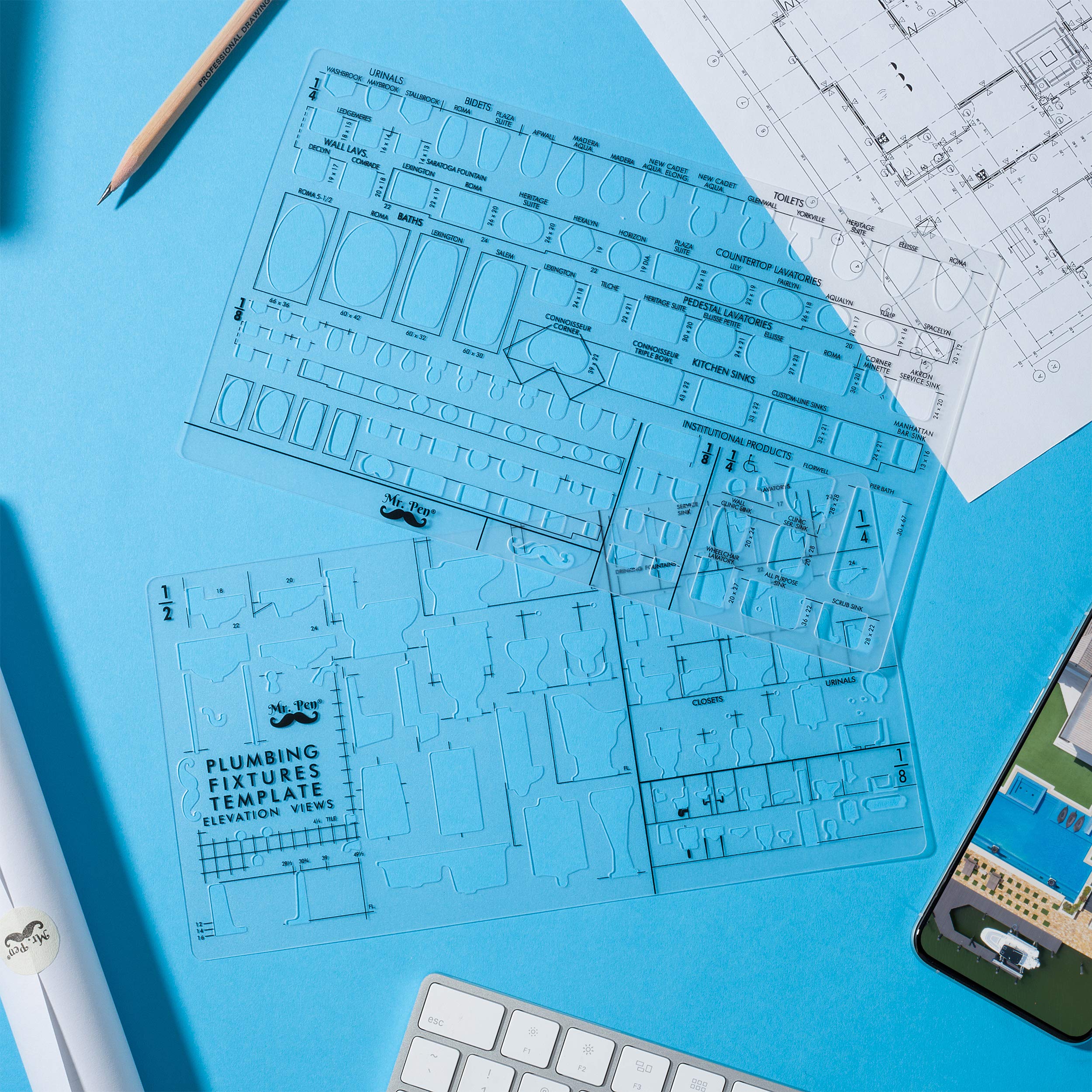 Mr. Pen Plumbing & Bathroom Design Tools - Drafting Ruler Shapes, Stencils & Fixture Templates