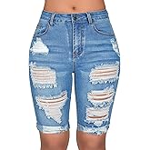 roswear Women's Mid Rise Ripped Stretchy Knee Length Bermuda Denim Shorts