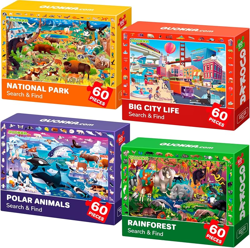 QUOKKA Jigsaw Puzzles for Kids 4-8 3 Pack 60 Piece Floor Puzzles Animals Forest