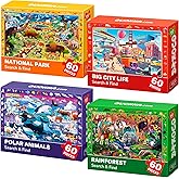 QUOKKA Puzzles for Kids Ages 4-6 - 4 x 60 Puzzles for Toddlers 5-8 - Educational Search & Find Toy for 8-10 yo for Learning Forest Polar, USA National Park Animals & City Life