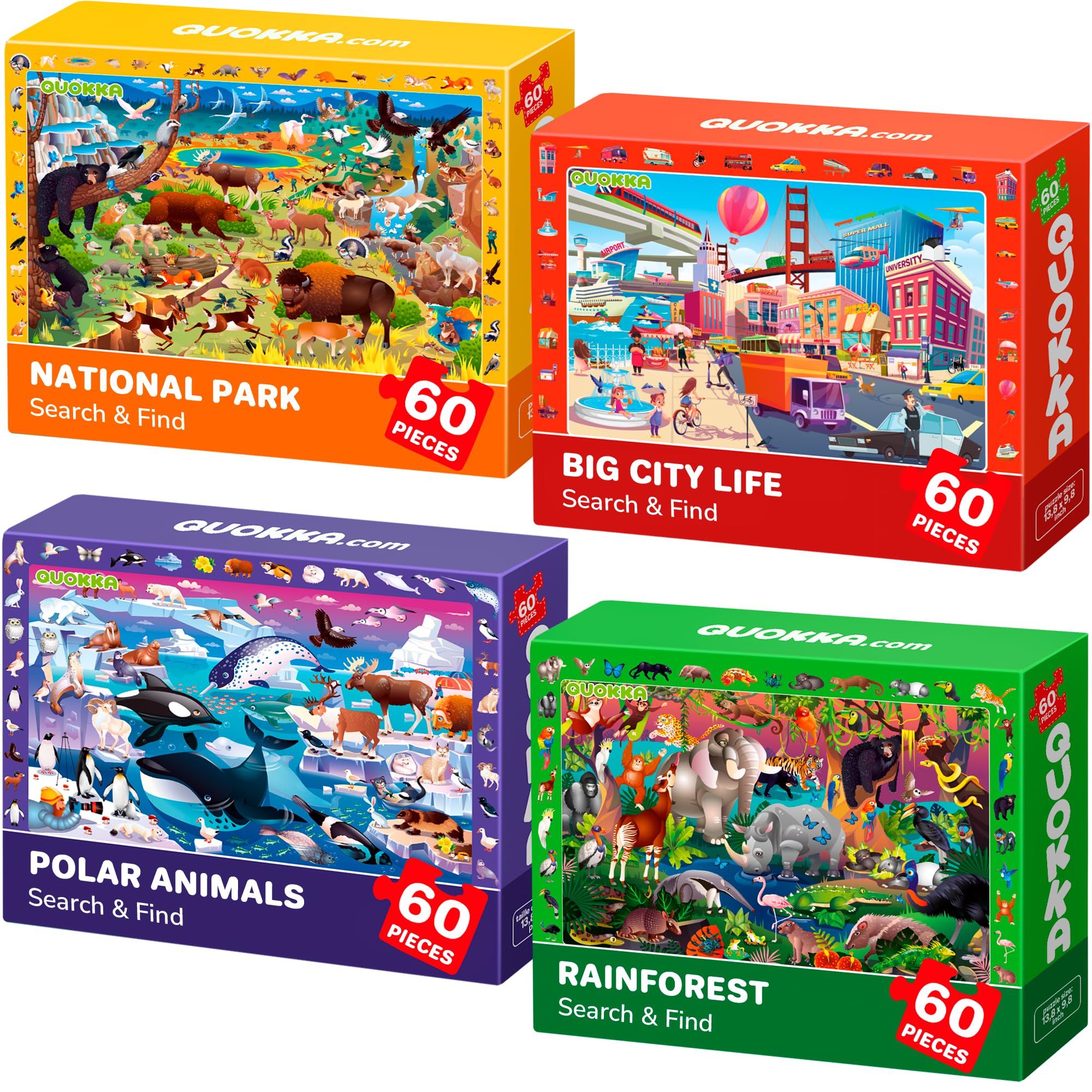 QUOKKA Jigsaw Puzzles For 3 4 Year Olds - 4x60 pc Kids Search & Find Puzzles Age 5-8 - Educational Toys For 3 4 yo For Learning Forest Polar & National Park Animals - Gift Game for Boys and Girls โ image 1