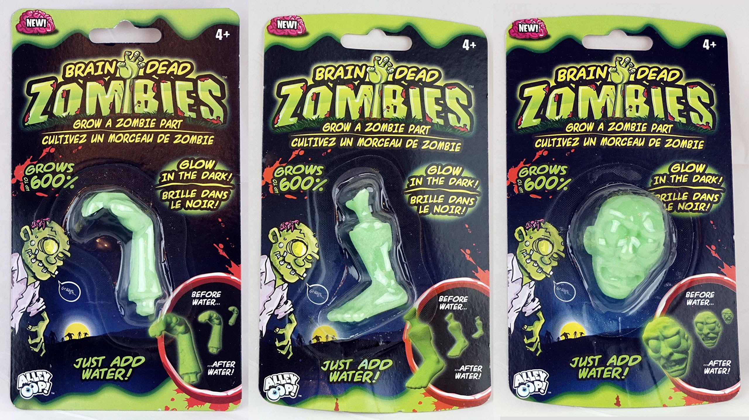 Set of 3 Brain Dead Zombies, Grow A Zombie Part, Leg Head Arm, Grows 600% Just Add Water