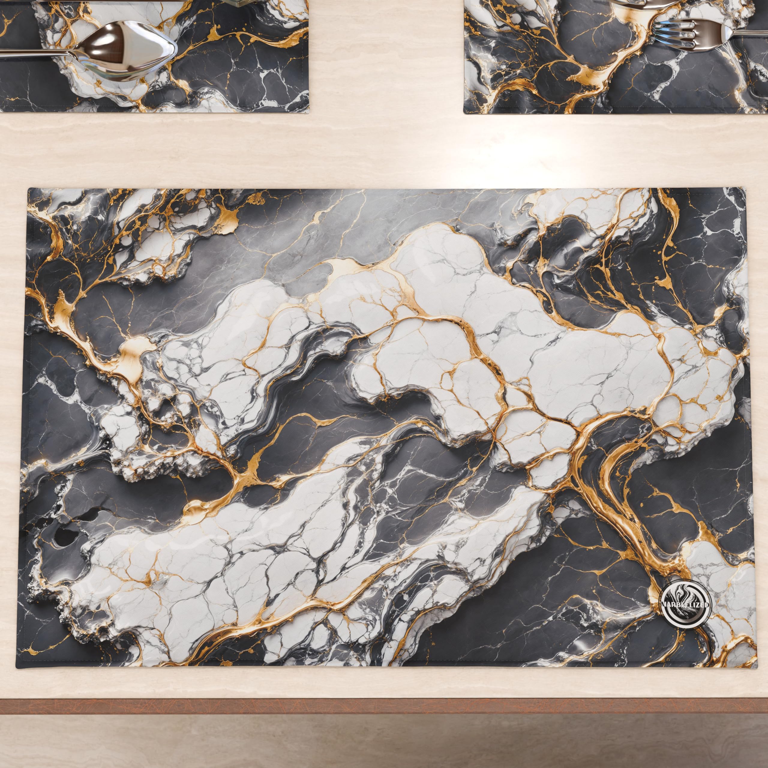 MARBLELIZED - Washable American Placemats, Dark Grey Marble Effect Fabric Placemats, Set of 2 (30 x 45 cm) - Elegant, Ideal for Breakfast, Lunch and Dinner, Gift Idea, 100% Made in Italy