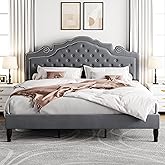 Allewie King Size Bed Frame with Adjustable Velvet Tiara Headboard, Upholstered Diamond Button Tufted Platform Bed, Wood Slats Support, No Box Spring Needed, Light Grey