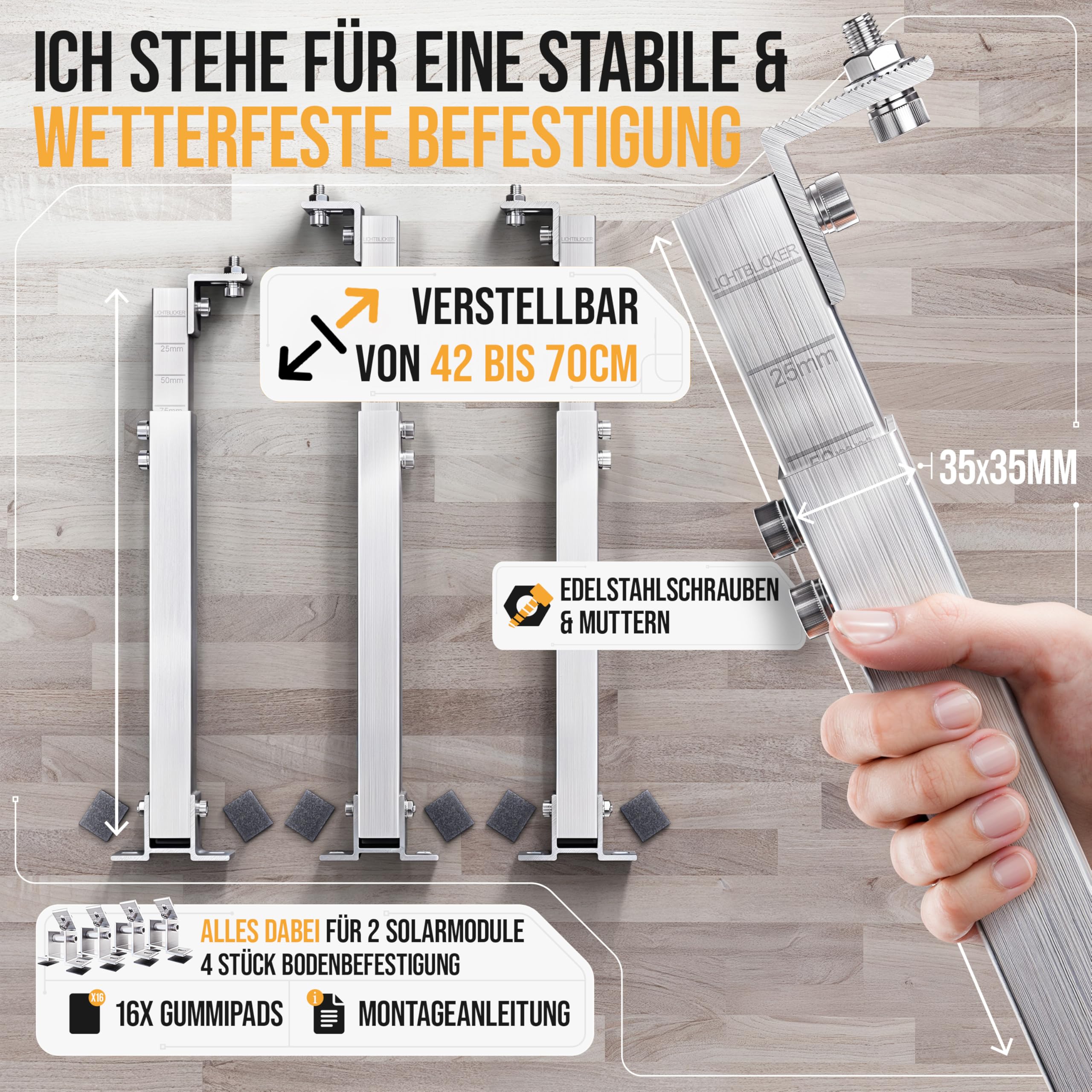 4x Balkonkraftwerk Halterung verstellbar. 0% MwSt. Stabiles Aluprofil mit Edelstahlschrauben. Für Flachdach, Wand etc. Aufständerung für 2x Solarmodule. Verstellbar zwischen 42 und 70cm - Lichtblicker 3