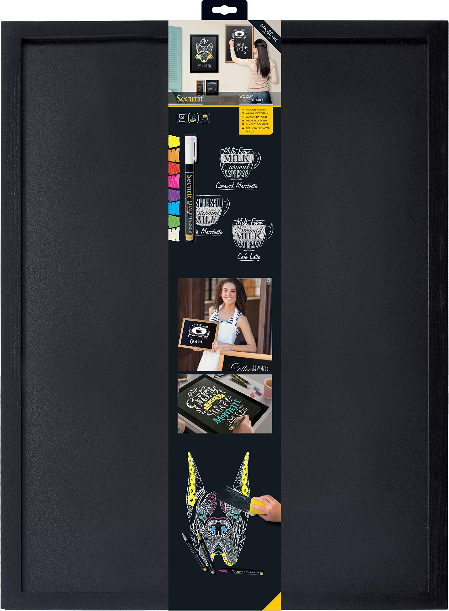 Securit Woody Wood Chalk Board with Chalk Marker, Lacquered Black Finish, 60 x 80 cm