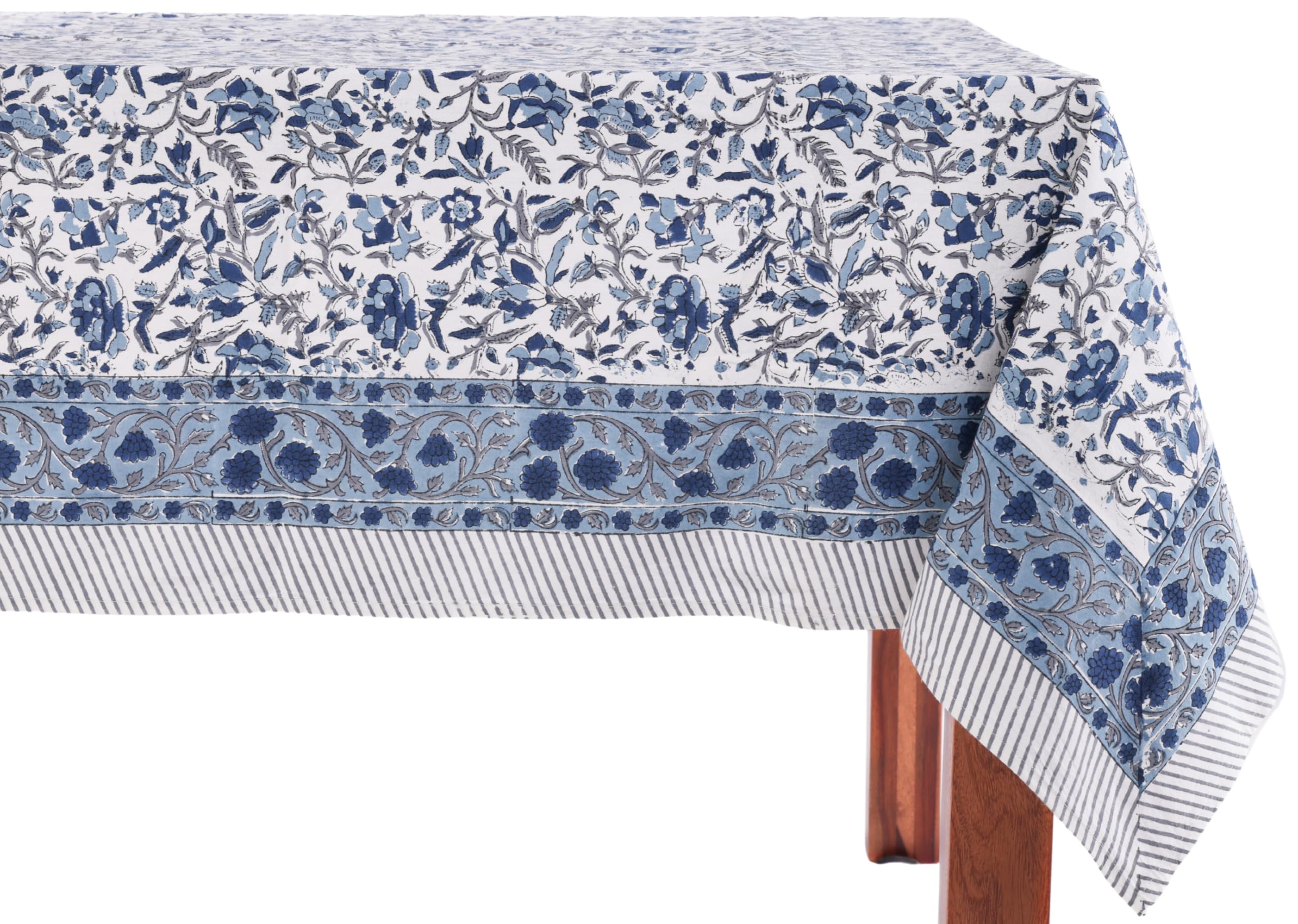 Photo 1 of ATOSII Jodhpur Blue 100% Cotton Fall Tablecloth, Handblock Floral Print Rectangle Linen for Kitchen Dining I Parties Wedding Outdoors Holidays I Spring Summer 72 X 120 Inches I 10 Seater Table