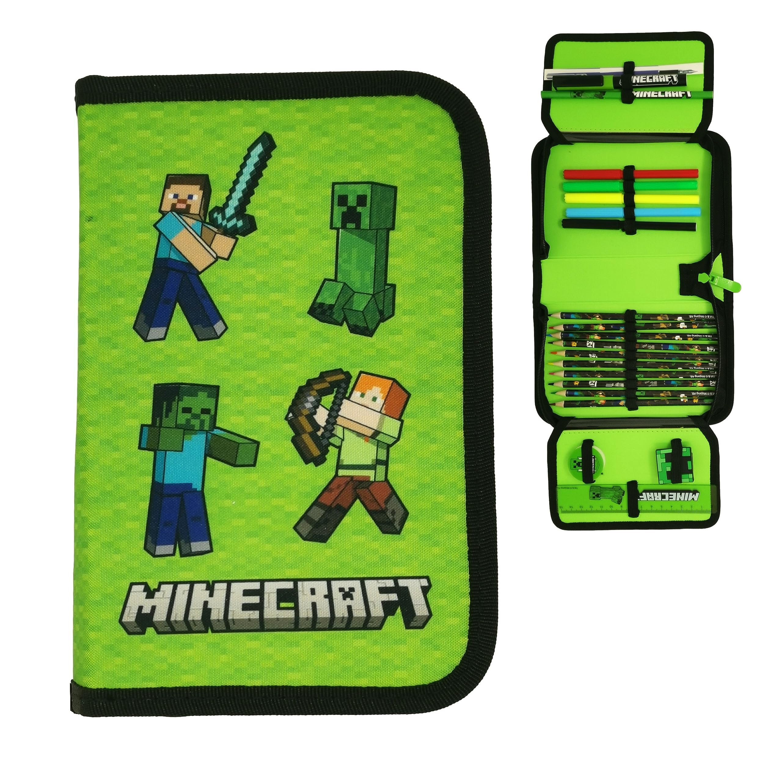 Theonoi Pencil Case Pencil Case 2 Compartments Double Decker Pencil Case Filled, Minecraft, ca. 14 x 20 x 3 cm (geschlossen), pencil case