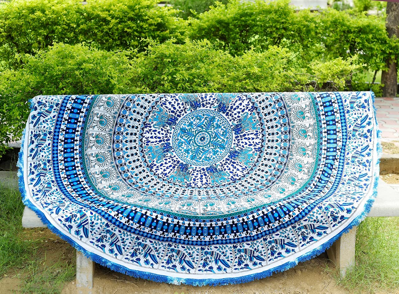 AVA Collections Large Round Cotton Elephant Print Mandala Large Tapestry Throw Rug Beach Mat Yoga Meditation Picnic Decoration Wall Decor 72’’ (M)