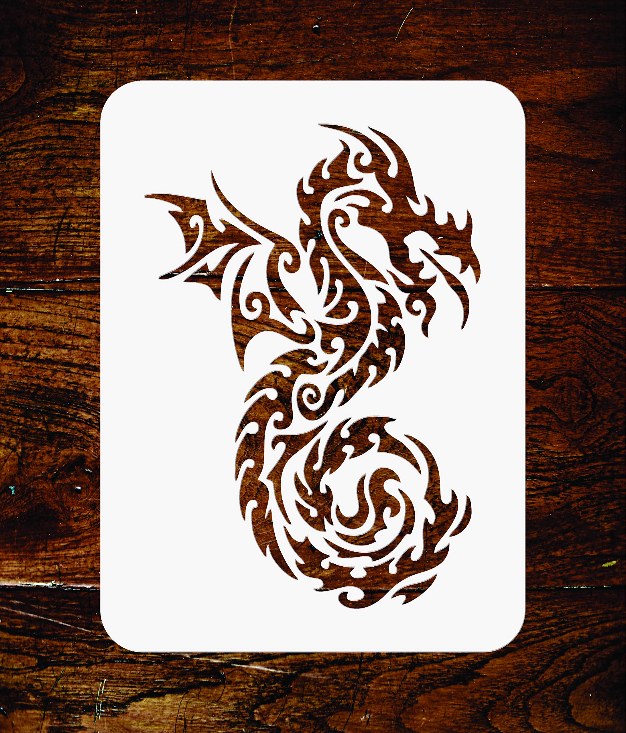 Tribal Dragon Stencil - 11.5 x 16.5 cm - Reusable Chinese Asian Oriental Japanese Wall Stencil Template