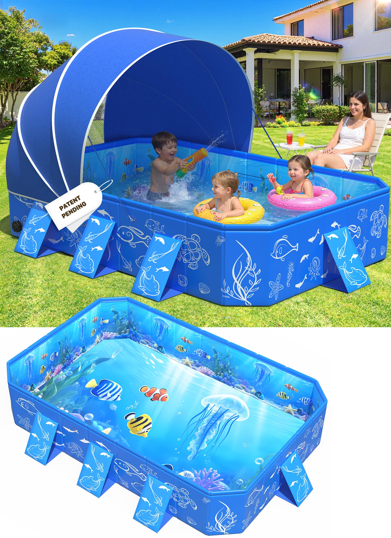 Photo 1 of 2026 Kiddie Pool with Canopy,Baby Swimming Pool for Toddler,Non-Inflatable Portable Pool for Kids,Foldable Toddler Pool with Shade,Kiddie Pool for Backyard,Pop Up Baby Beach Pool 53''×40×33''
