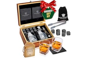 Whiskey Stones Gift Set by Royal Reserve, Artisan Crafted Scotch Bourbon Glasses, Chilling Rocks, Coasters and Tongs – Whiskey Gifts for Men Dad Boyfriend Anniversary or Retirement