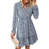 KIRUNDO Women Casual Summer Fall Dresses Long Sleeve Floral Wrap V Neck High Waist Ruffle Tiered A Line Flowy Mini Dress