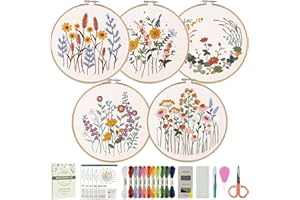 CYANFOUR 5 Pack Beginner Embroidery Kit for Adults, Easy to Learn Floral Embroidery Patterns from Video & Instruction, Needlepoint Kits for Adults Include Embroidery Hoop, Colorful Threads, Tools