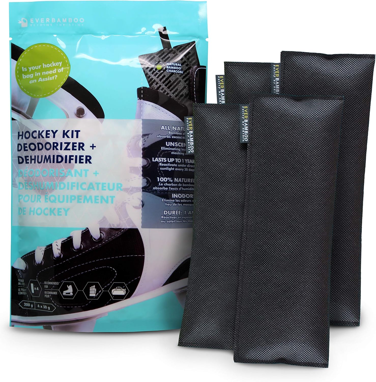 Ever Bamboo Hockey Gear Deodorizer Bag Set w/Bamboo Charcoal (4-Pack, 4 x 50 g): Health & Personal Care