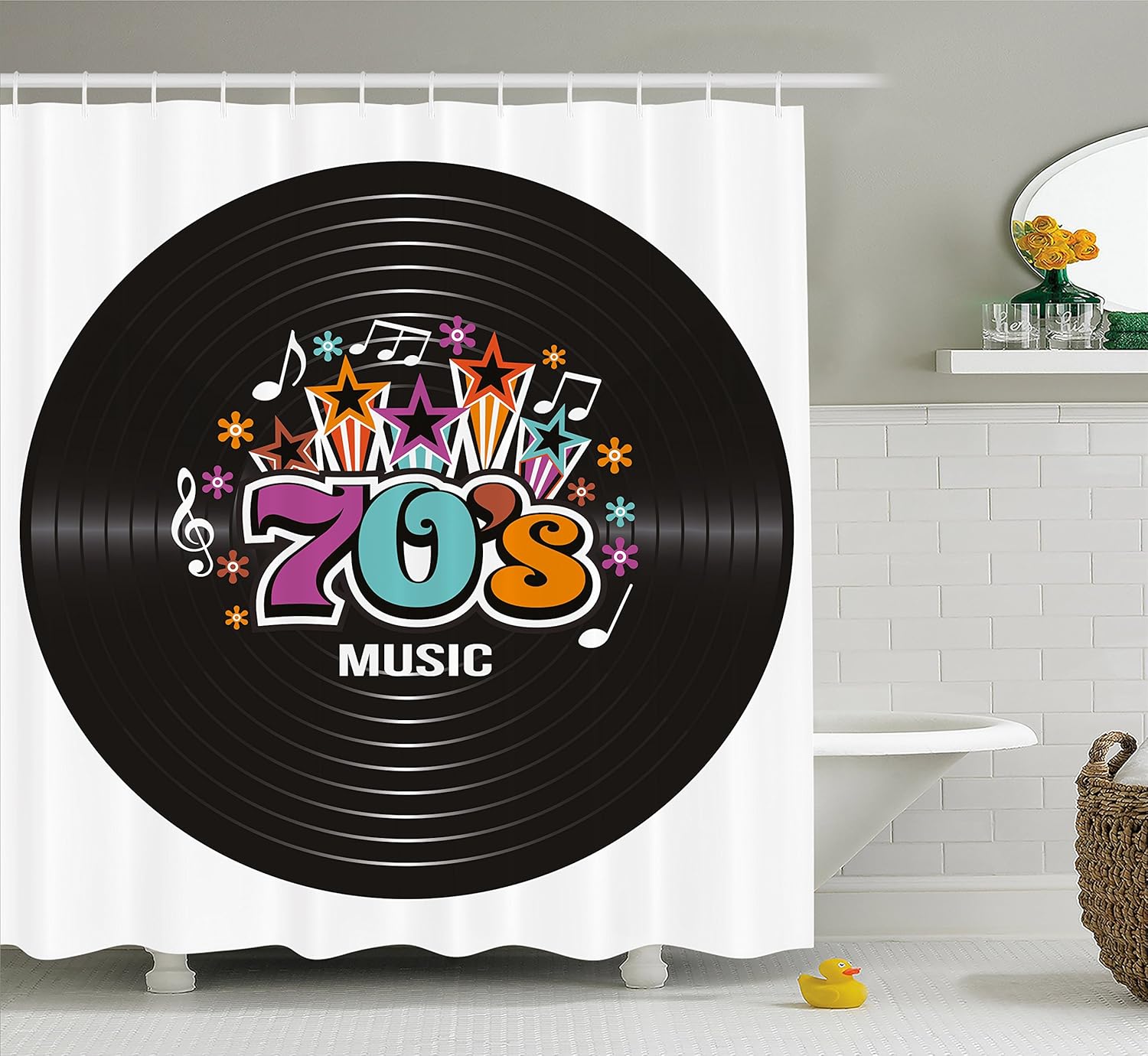 Ambesonne 70s Party Decorations Shower Curtain, Music Theme