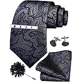 GUSLESON Tie Set for Men Necktie and Pocket Square,Tie Clip,Cufflinks, Lapel Pin Sets with Gift Box 5PCS