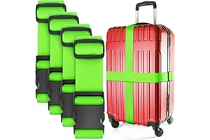 Luggage Straps for Suitcases TSA Approved - Neon Green, 4 Pack - Premium Nylon Belts for Suitcase, Briefcase & Travel Bag - A