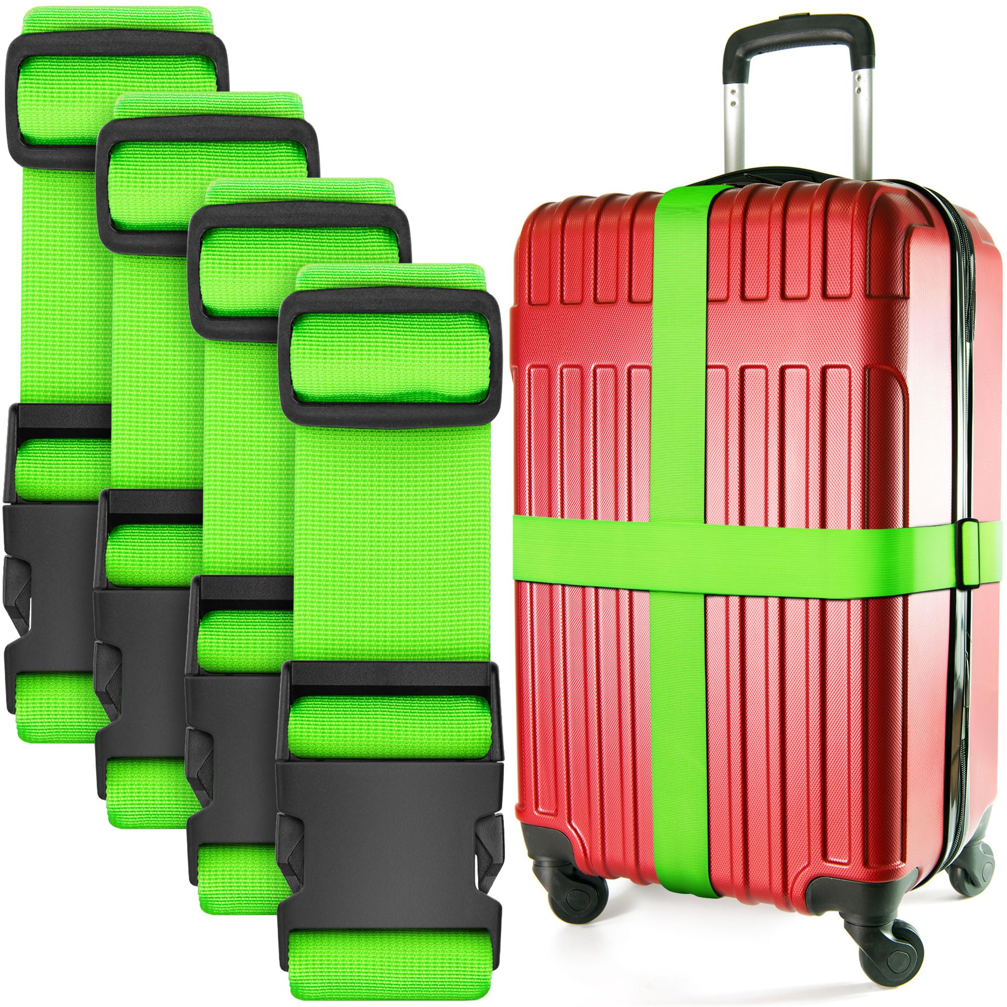 Luggage Straps for Suitcase - Neon Green, 1.9m x 5cm, 4 Pack - Strap for Suitcases - TSA Approved by BlueCosto