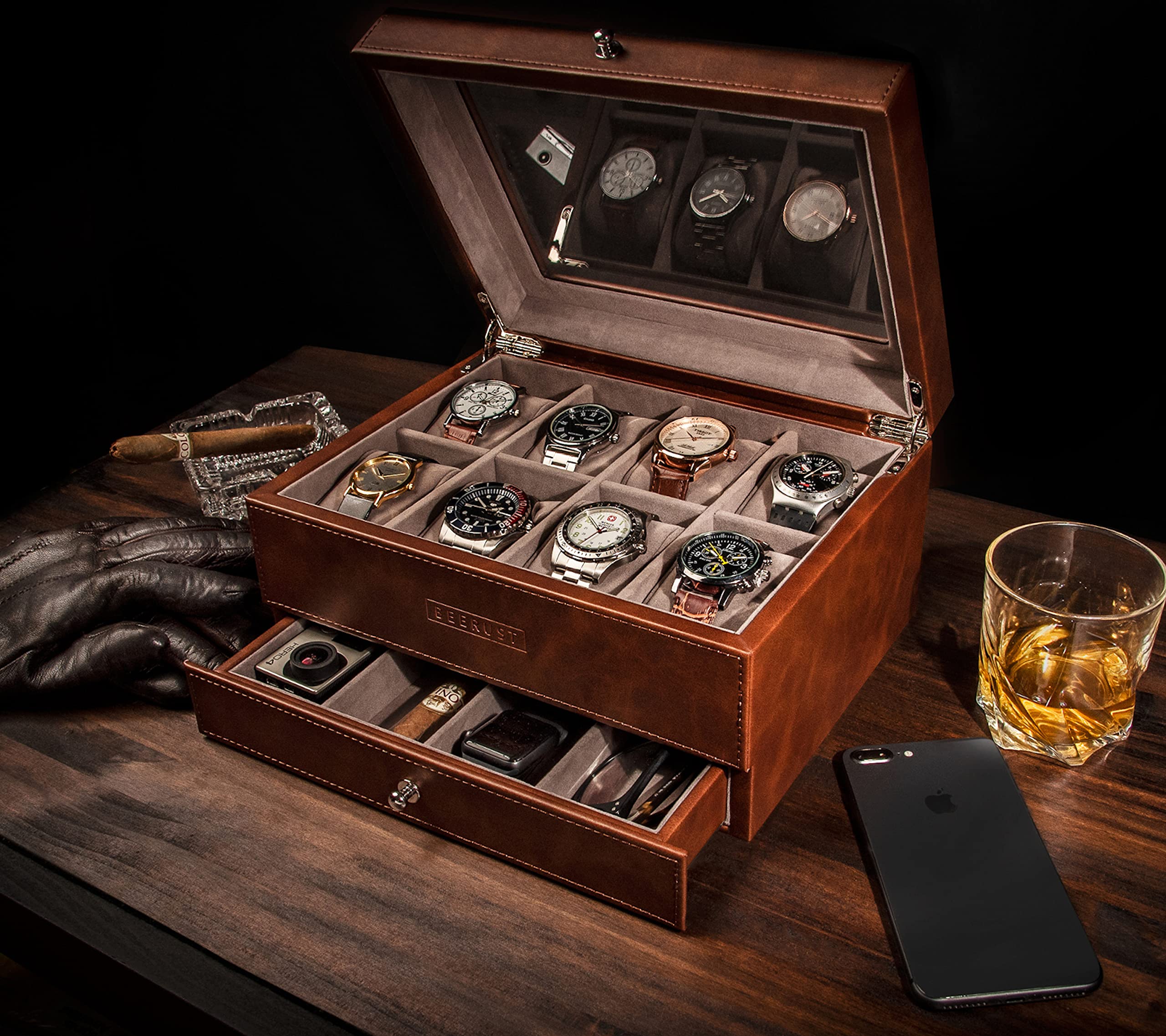 BEERUST Watch box organizer for men - Leather watch case - Luxury watch box - For large mens wrist watches - Mens jewelry box organizer - Watch case - With mens valet drawer - Watch display case